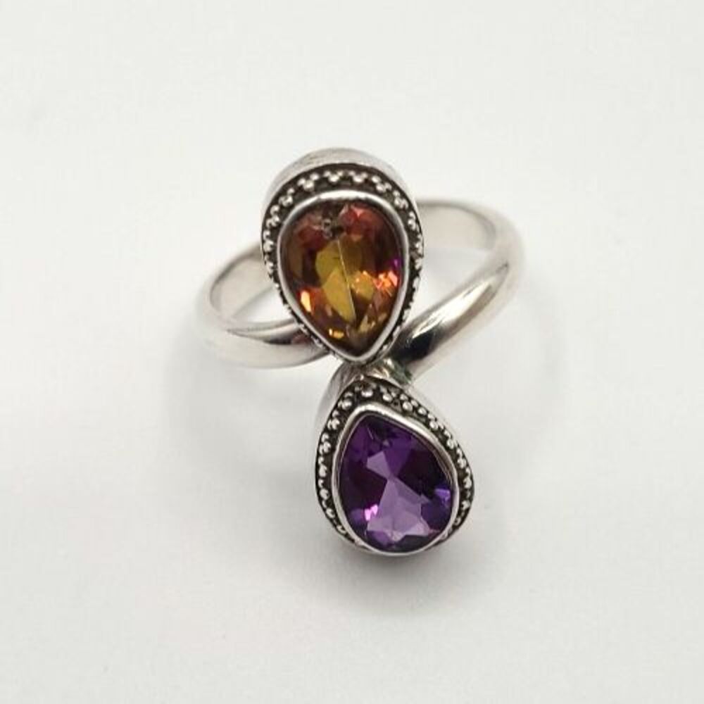 Vintage Lori Bonn 925 STERLING Amethyst Citrine Ring Size 7 SIGNED